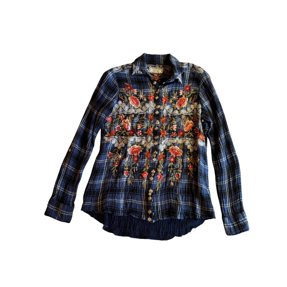 Johnny Was Workshop Blue Plaid Floral Embroidered Gauze Shirt Womens S